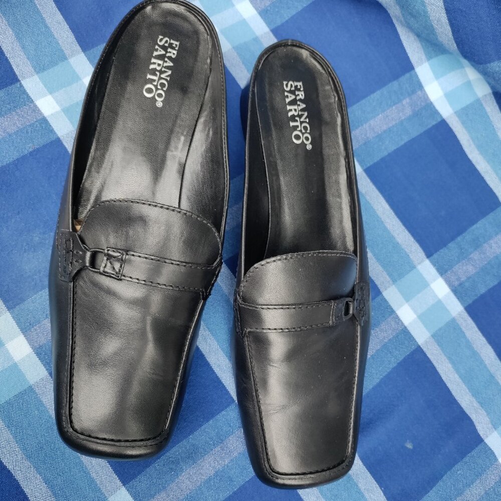 Franco Sarto Low Heel Mules, Black Leather, Size 11